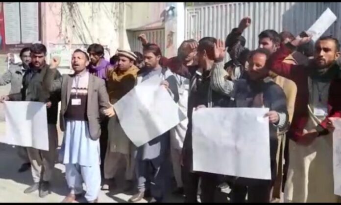 Employees of Console project at DHQ Kurram protest against non-payment of salaries for past eight months.