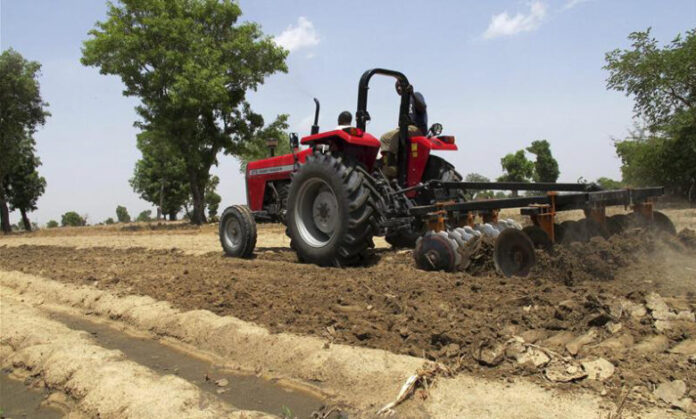 Farmers plow the field in Saulawa village, on the outskirts of Nigeria's north-central state of Kaduna